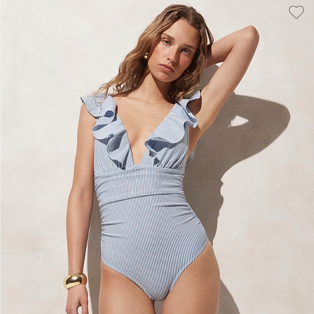 Ruched ruffle one-piece swimsuit in seersucker